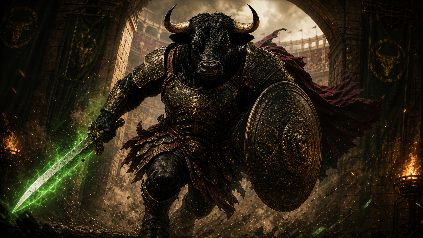 Bullius Maximus charging from a colosseum gate