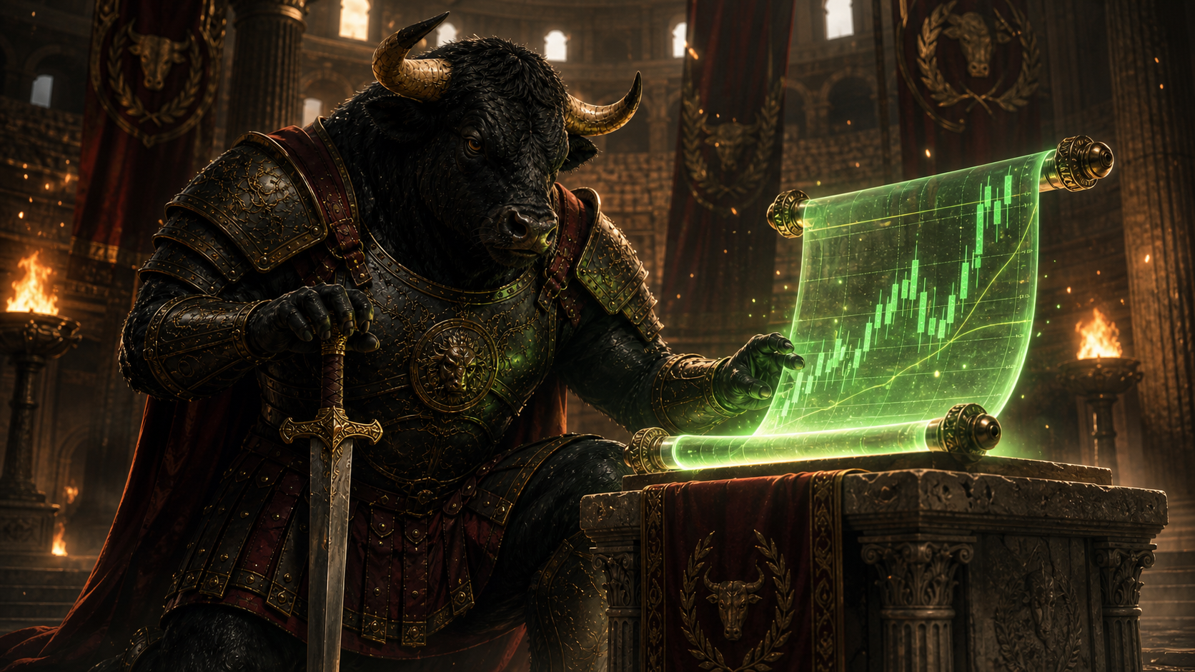 Bullius Maximus studying a glowing green chart scroll