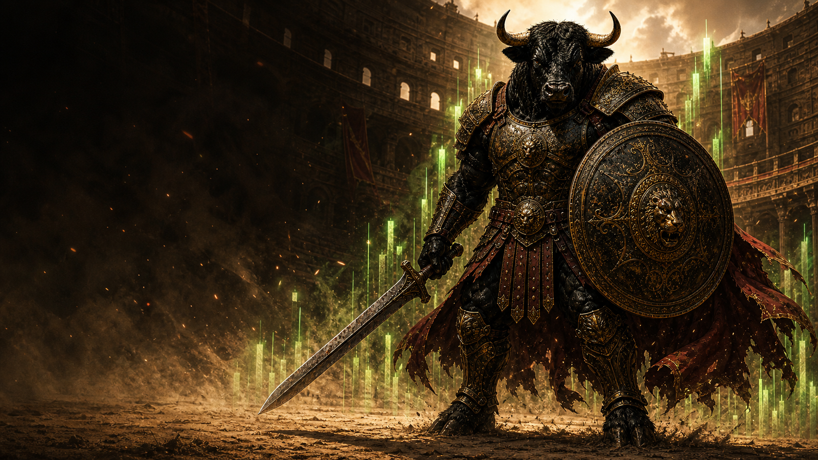 Bullius Maximus standing in a Roman arena with green candles