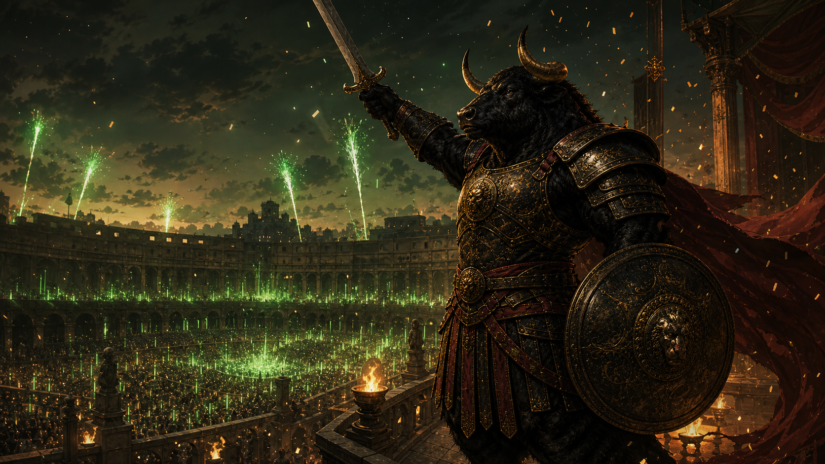 Bullius Maximus raising a sword over a green-lit arena